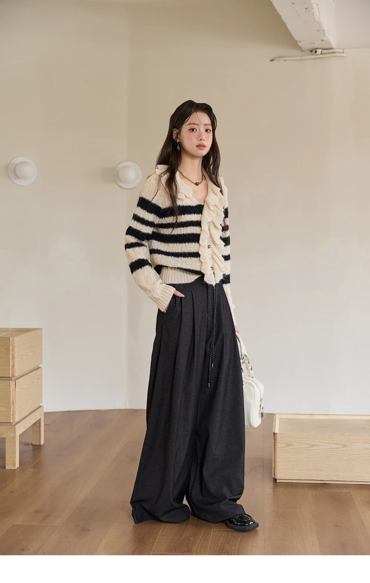 Mishow Striped Asymmetrical Ruffled Cardigan MXE51Z2633