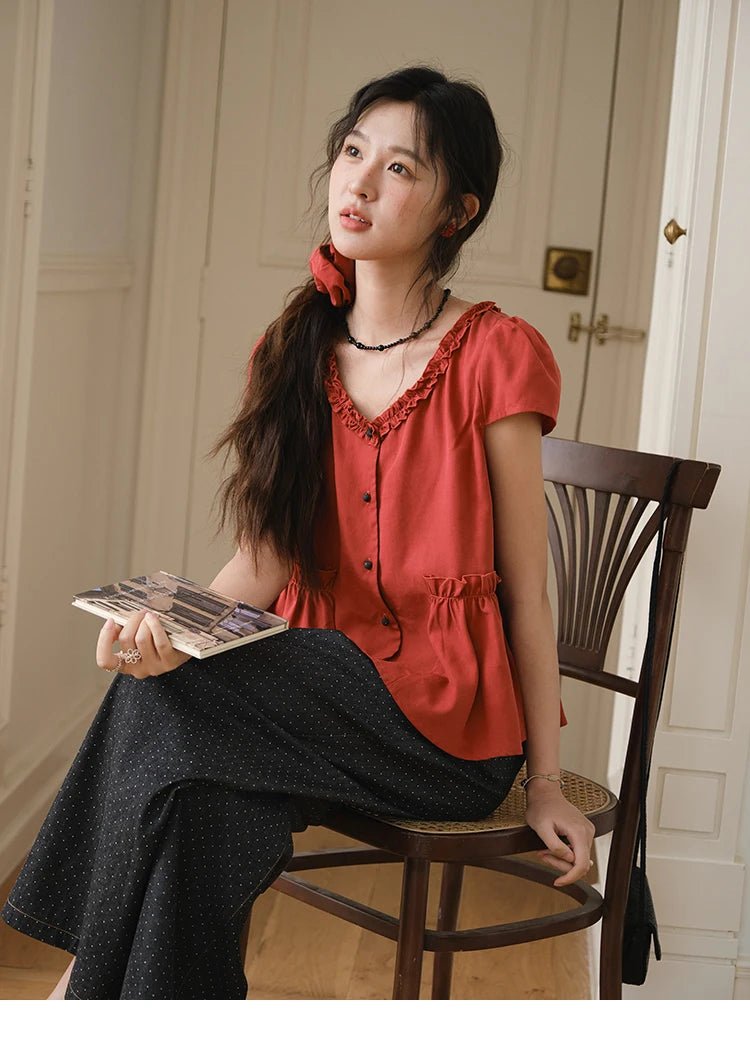 MISHOW Mushroom Edge V-Neck Blouse Button Short Sleeve MXE38X1867