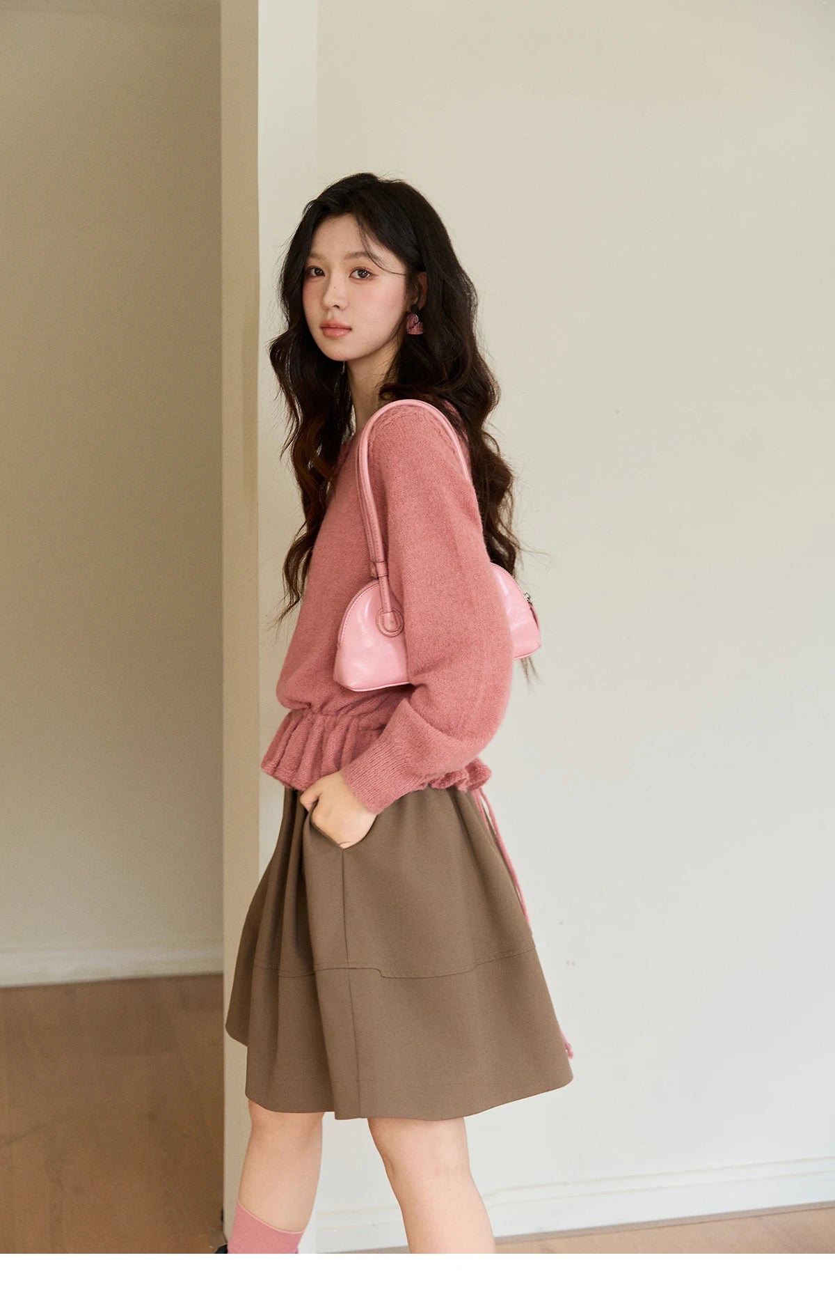 Mishow Pink Hollow Floral Ruffled Hem Sweater MXE94Z2865