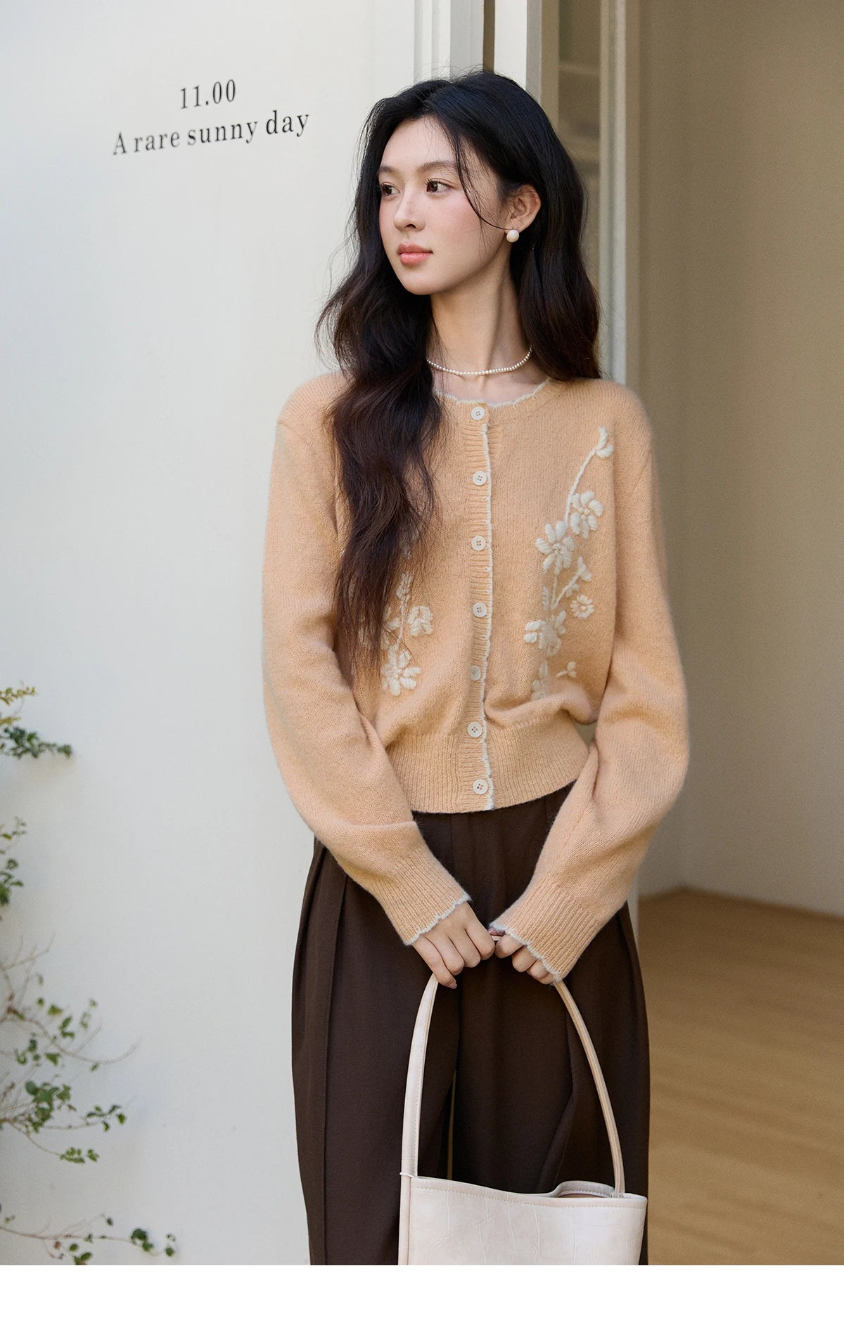 Mishow Camel Floral Embroidery Crew Neck Cardigan MXF11Z2896