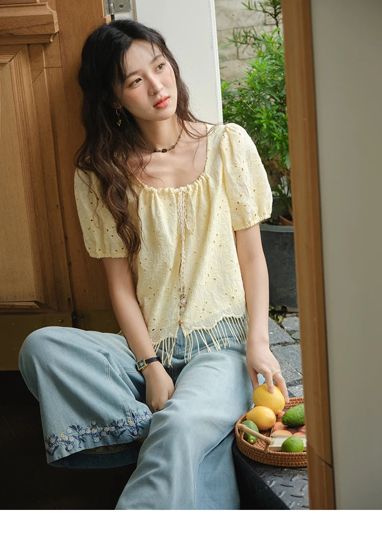 MISHOW Hollow Out Blouse Embroidery Puff Sleeve Square Collar Tassel MXE37X1851