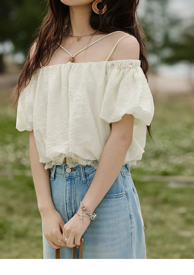 MISHOW French Camisole Shirt Off-Shoulder Lace Puff Sleeve MXE33X1755