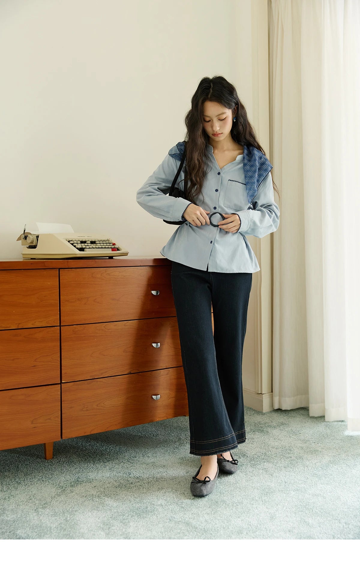 MISHOW Haze Blue Velvet Shirt Contrast Color Waist Sash MXE47X2497