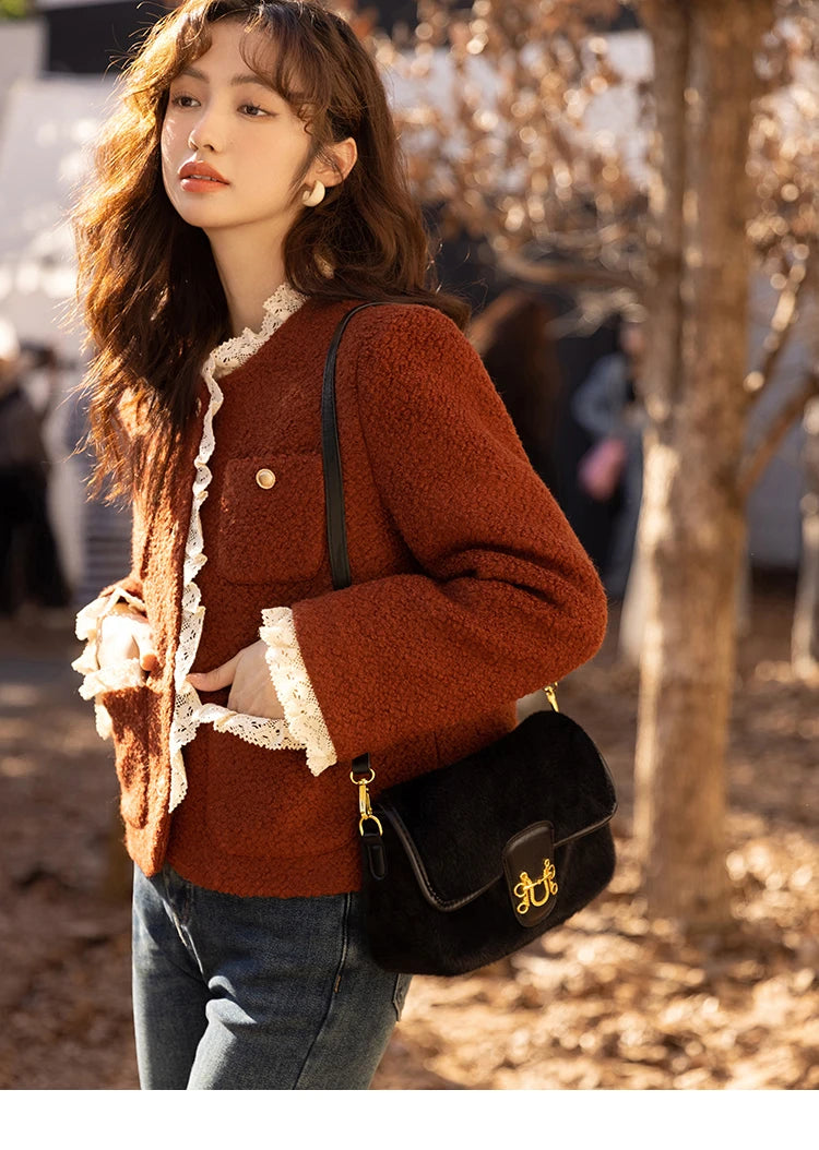 MISHOW Wool Coat Lace Splicing Lamb Wool Button Pockets MXB43W0720