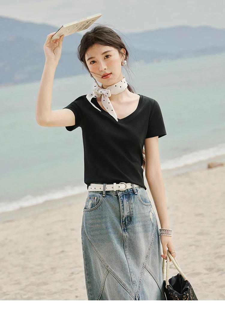 Mishow Solid V-Neck Slim Cotton Tee MXE33T0519