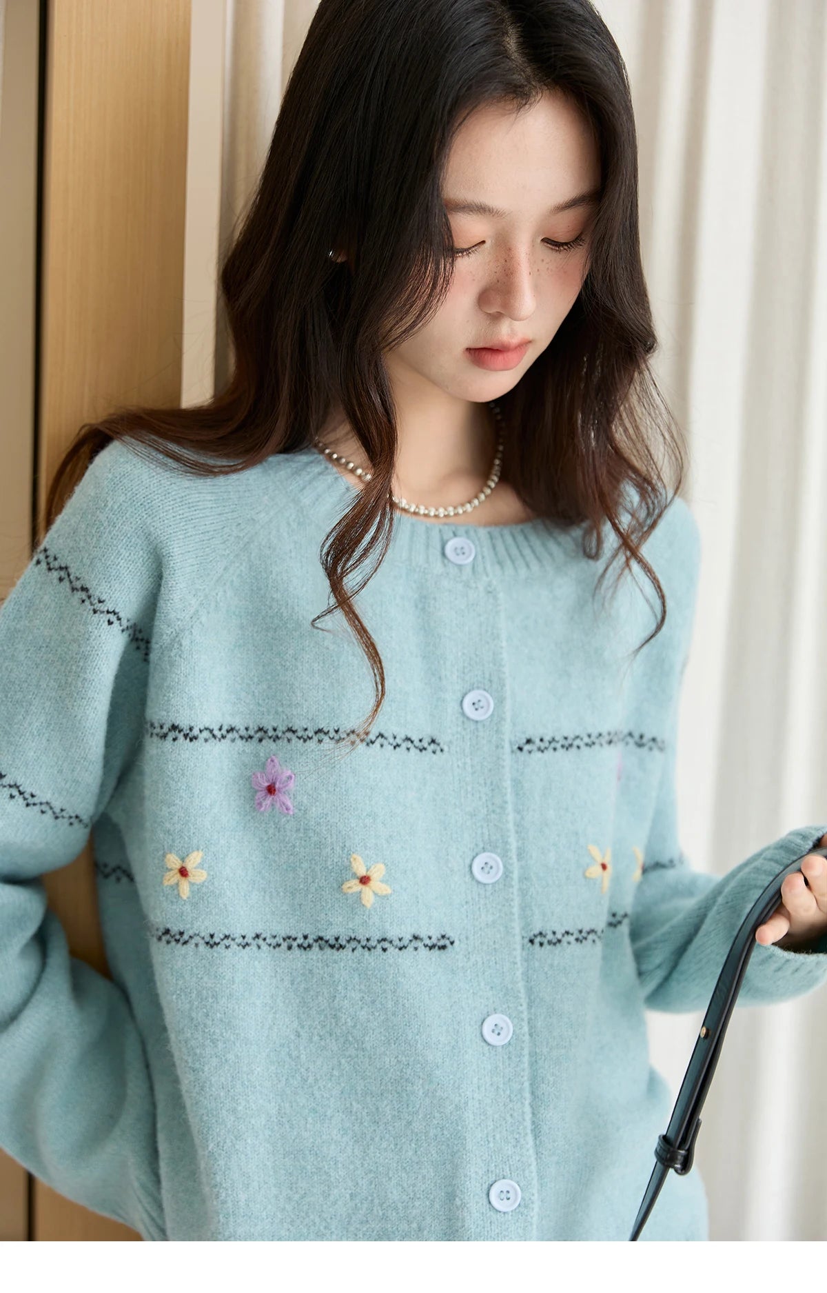 Mishow Blue Flower Embroidered Loose Cardigan MXE46Z2581