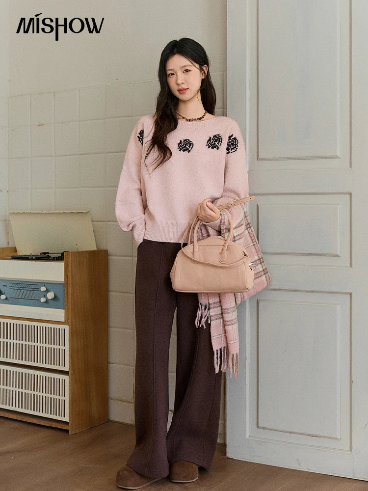 Mishow Pink Jacquard Lantern Sleeve Drop Shoulder Sweater MXE91Z2775