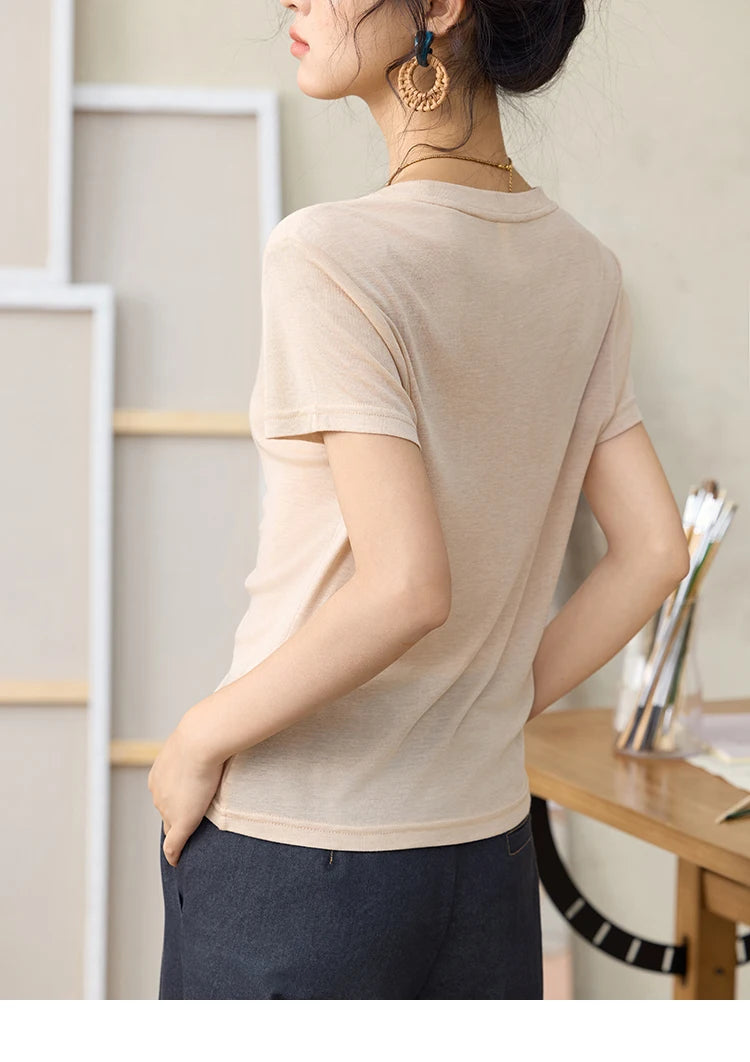 Mishow V-Neck Front Elastic Shell Button Tee MXE34T0560