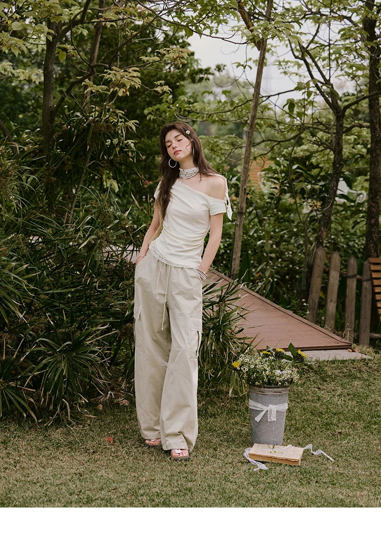 MISHOW Apricot Cargo Pants Lace Patchwork Drawstring Elastic MXE33K0935