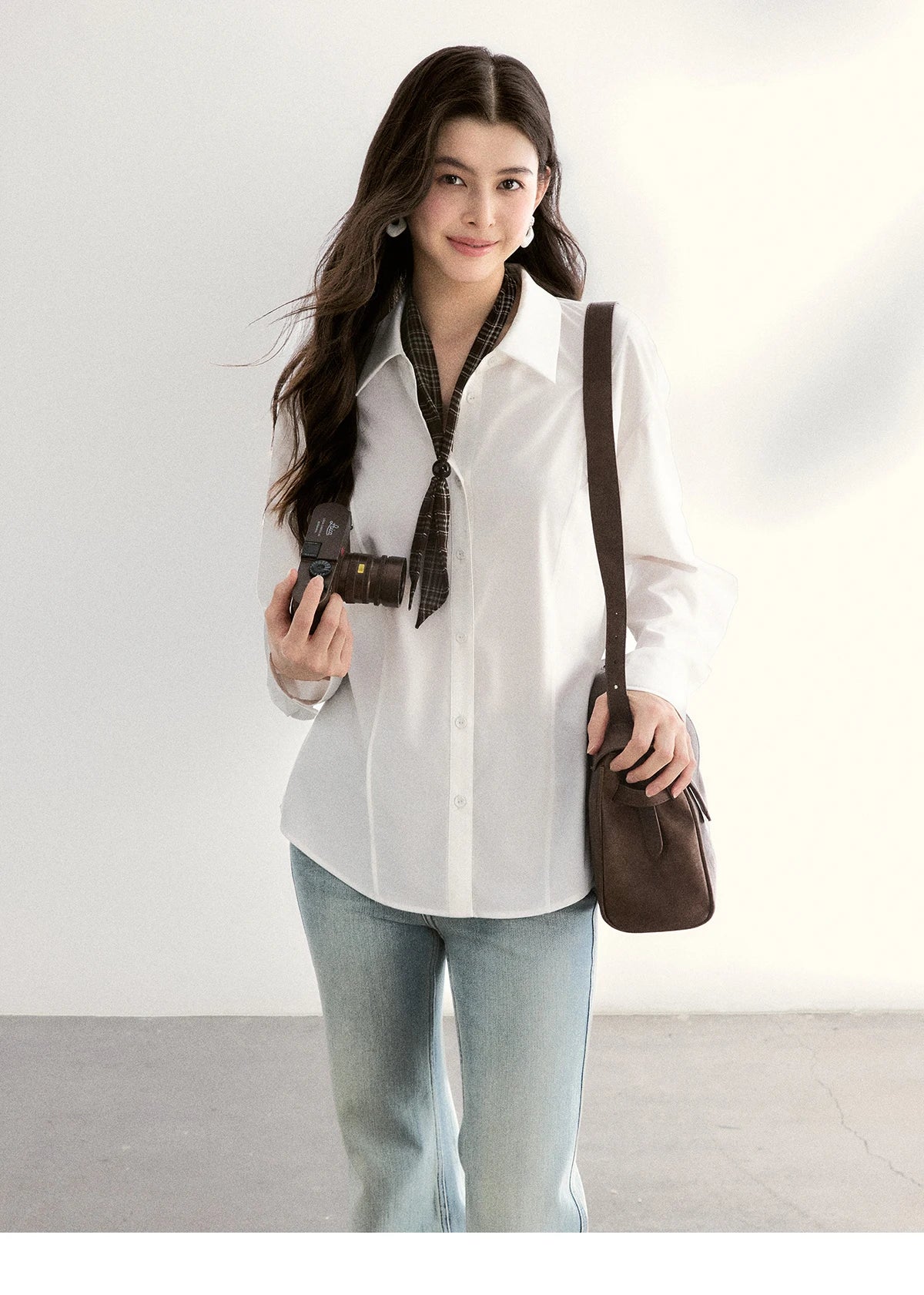 MISHOW Casual Loose Shirt with Plaid Scarf Lapel Top MXF108C0815