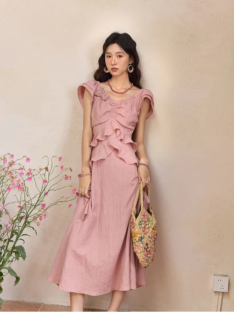 Mishow Flower Flying Sleeve V-Neck Pink Dress MXE34L2243