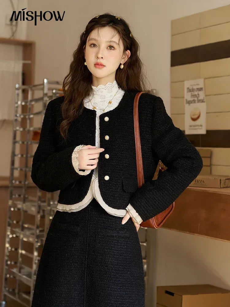 Mishow Wool Blend Short Coat & Rear Split A-Line Skirt Set MXC56W0162