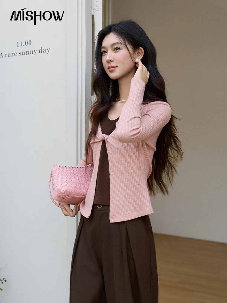 Mishow Pink Brown Fake Two-Piece Knot Front Top MXF11Z2912