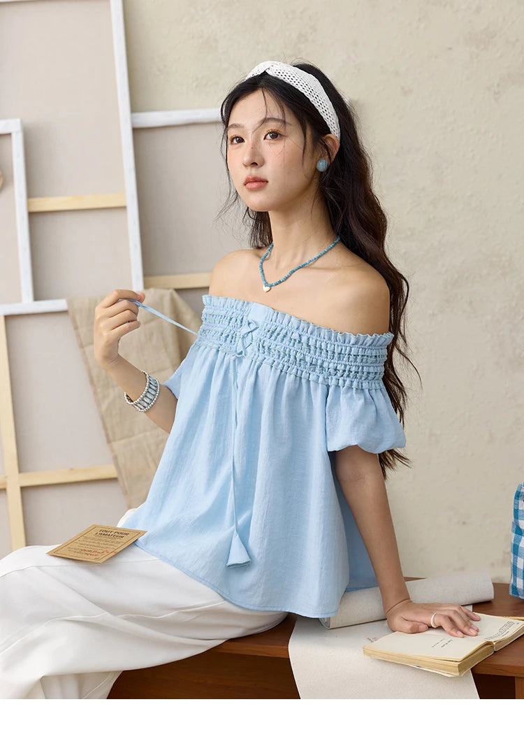 MISHOW Mist Blue One Shoulder Blouse Elastic Pleated Puff Sleeve MXE34X1796