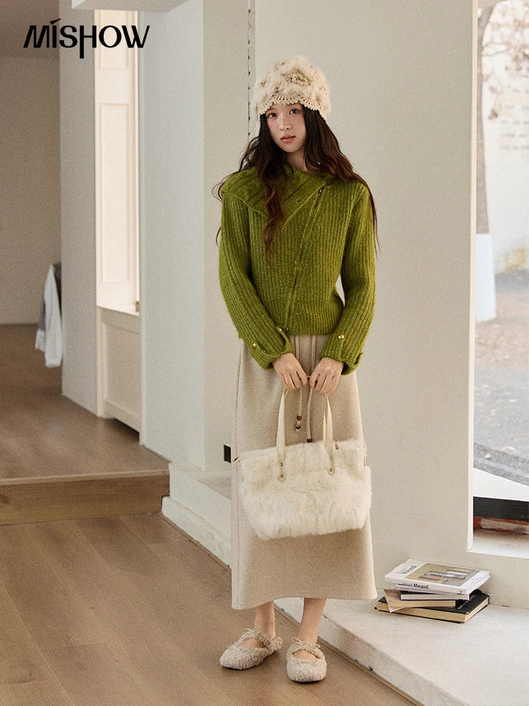 Mishow Green Wool Blend Long-Pile Large Lapel Pullover MXE90Z2760