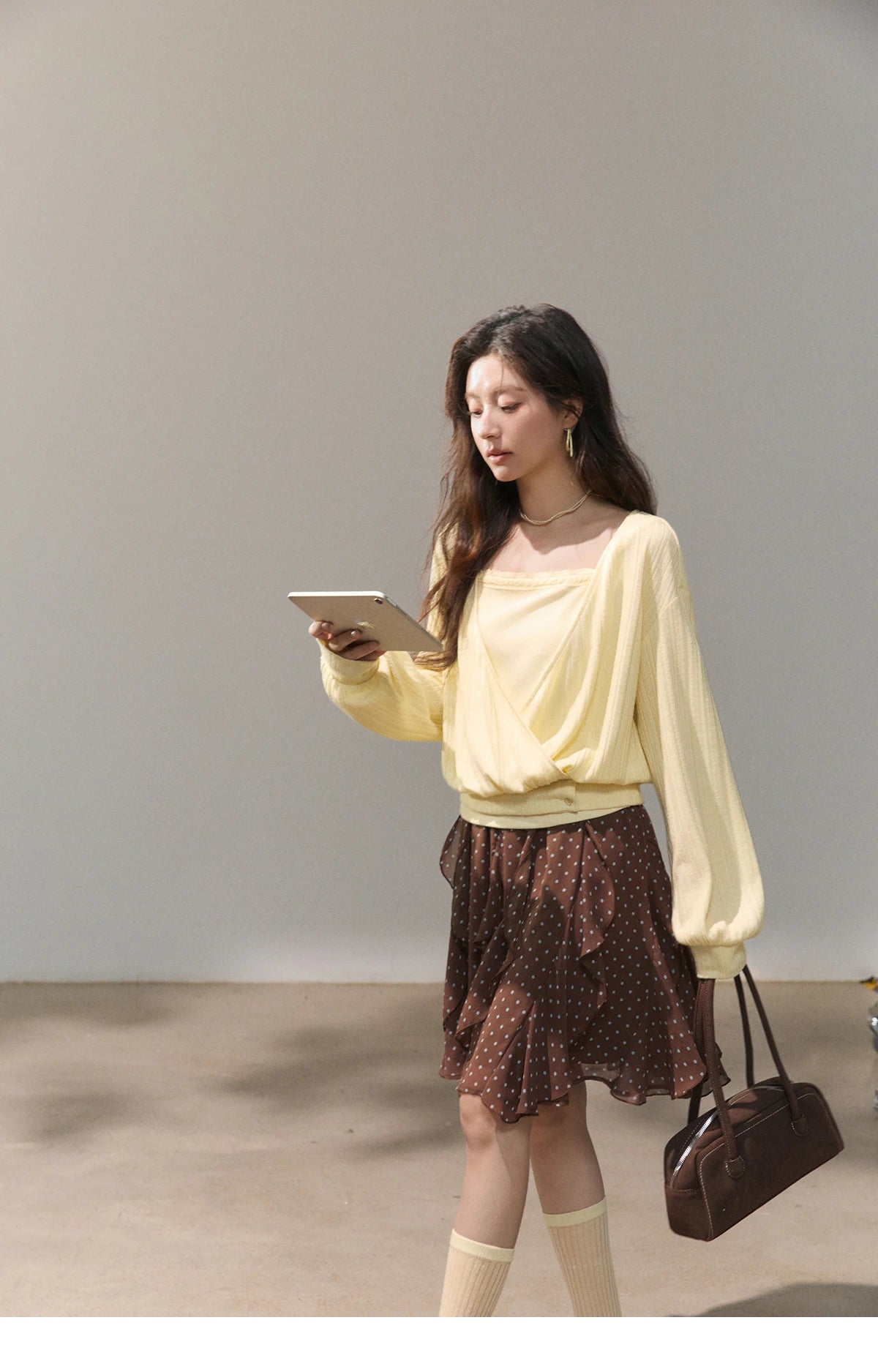 Mishow Lemon Yellow Lantern Sleeve Top & Lace Camisole Set MXF13T1513