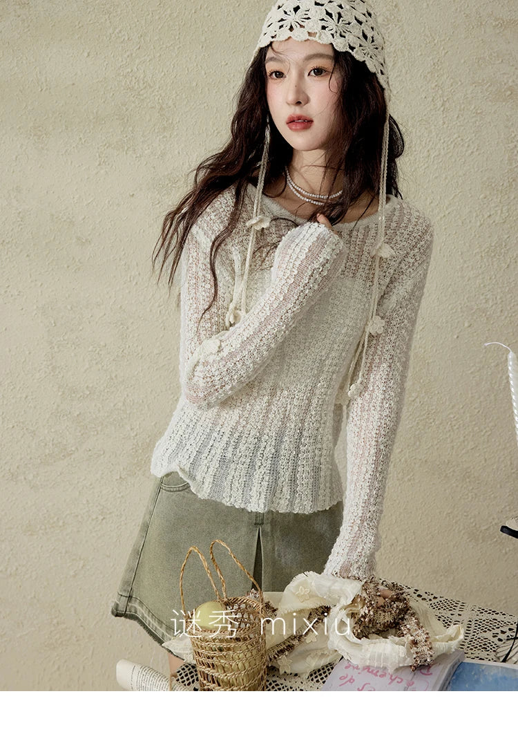 Mishow Apricot White Hollow Mohair Drop Sleeve Top MXE12Z1120