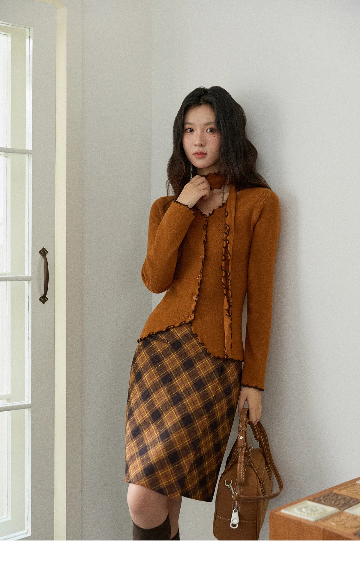 Mishow Ruffled Edge V-Neck Ribbon Knit Pullover MXE86Z2728