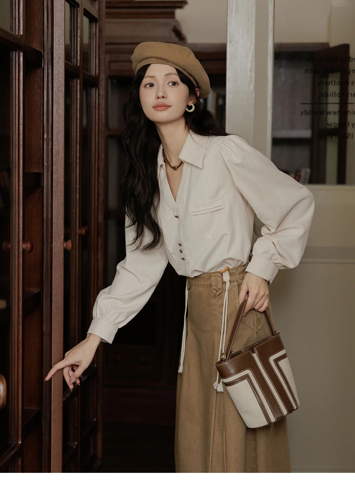 MISHOW French Lapel V-Neck Shirt Retro Button Pockets MXD43C0306