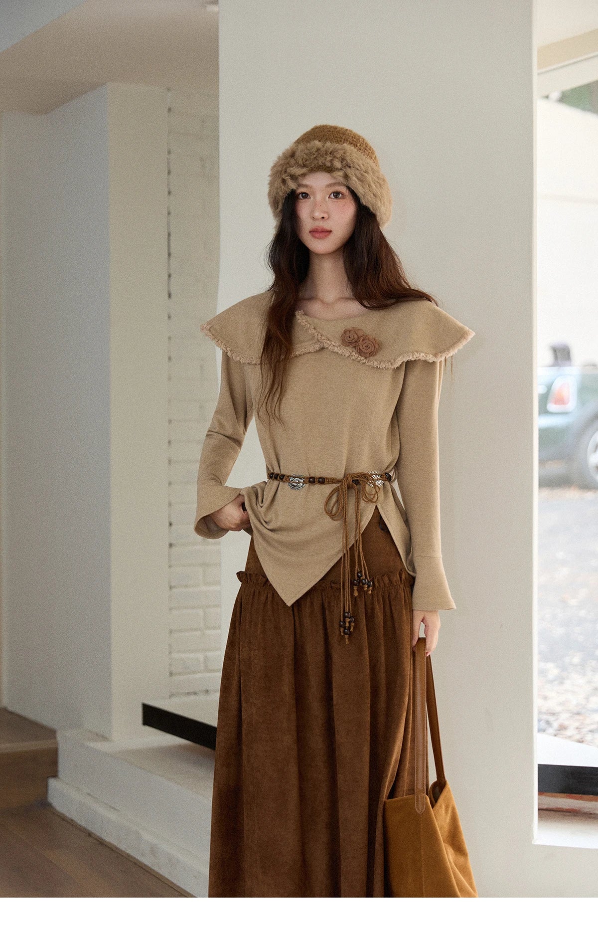 Mishow Retro Brown 3D Flower Decoration Round Neck Top MXE51Z2593