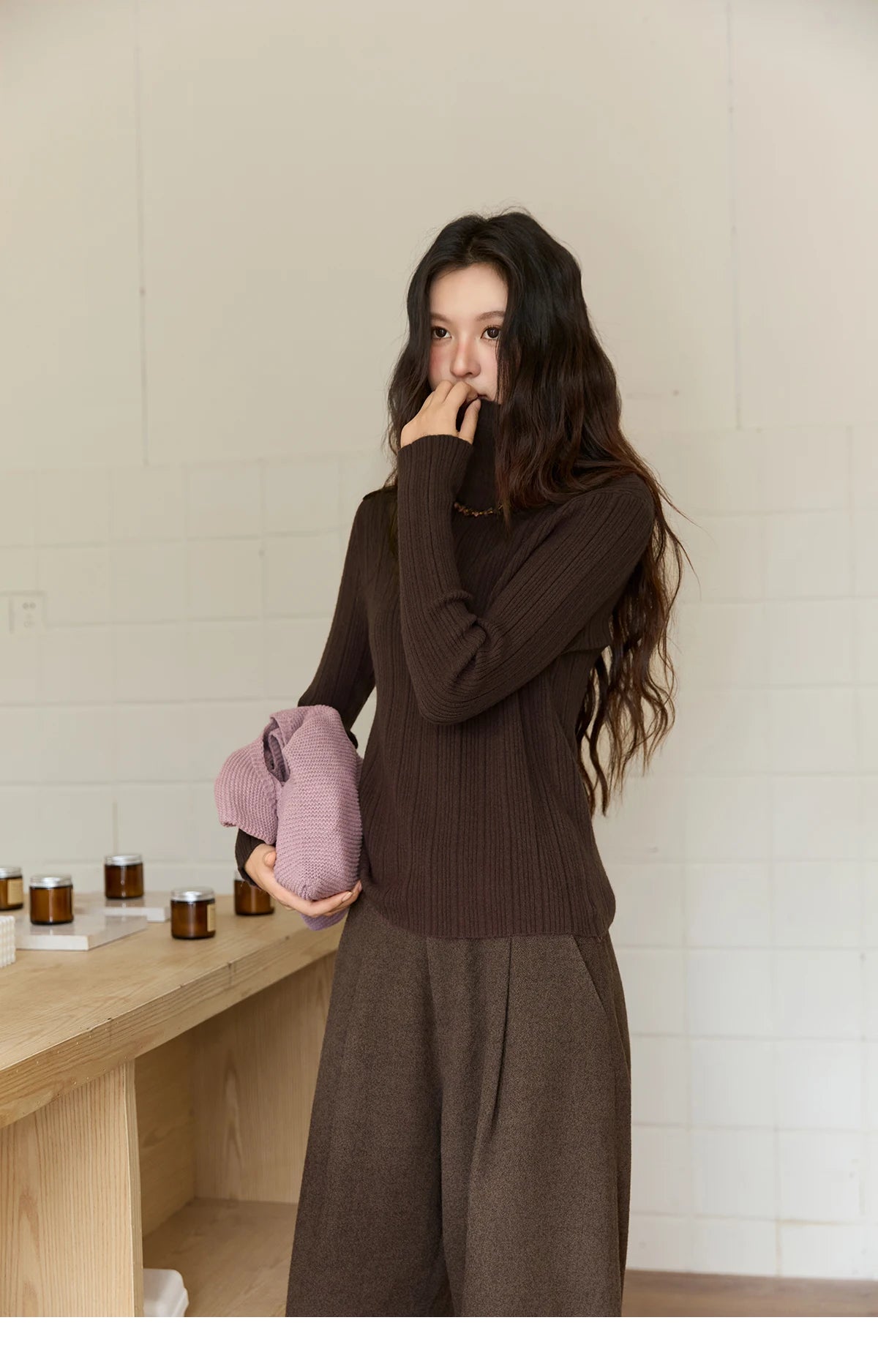 Mishow Solid Turtleneck Vertical Ribbed Slim Top MXE86Z2656