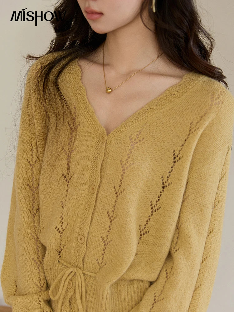 Mishow Yellow Hollow V-Neck Drawstring Cardigan MXF108Z1022