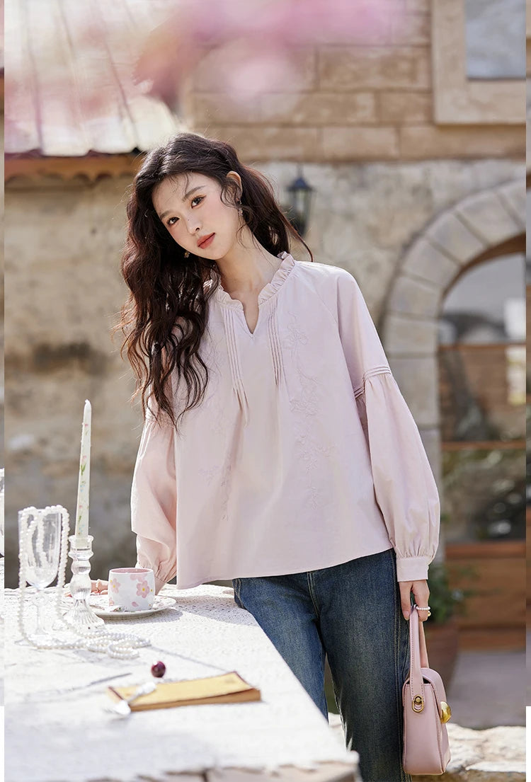 MISHOW Pink Cotton Ruffled Blouse Loose Long Sleeve MXE13X1699