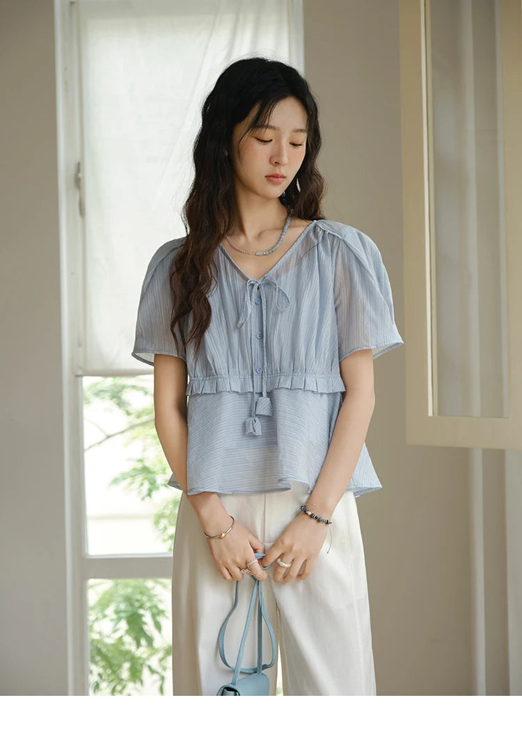 MISHOW V-Neck Blouse Splicing Button Lace Up Short Sleeve MXE34X1821