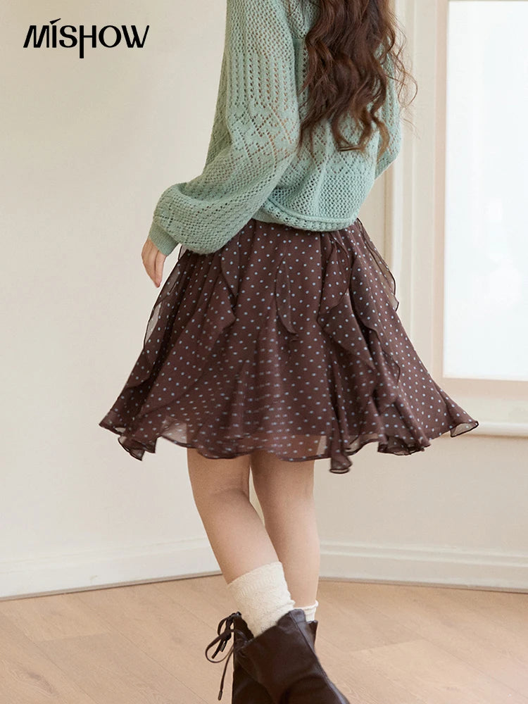 Mishow Brown Polka Dot Ruffled Chiffon Mini Skirt MXF13B2476
