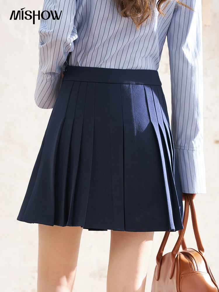 Mishow Dark Blue Pleated Metal Buckle A-Line Skirt MXD12B0224