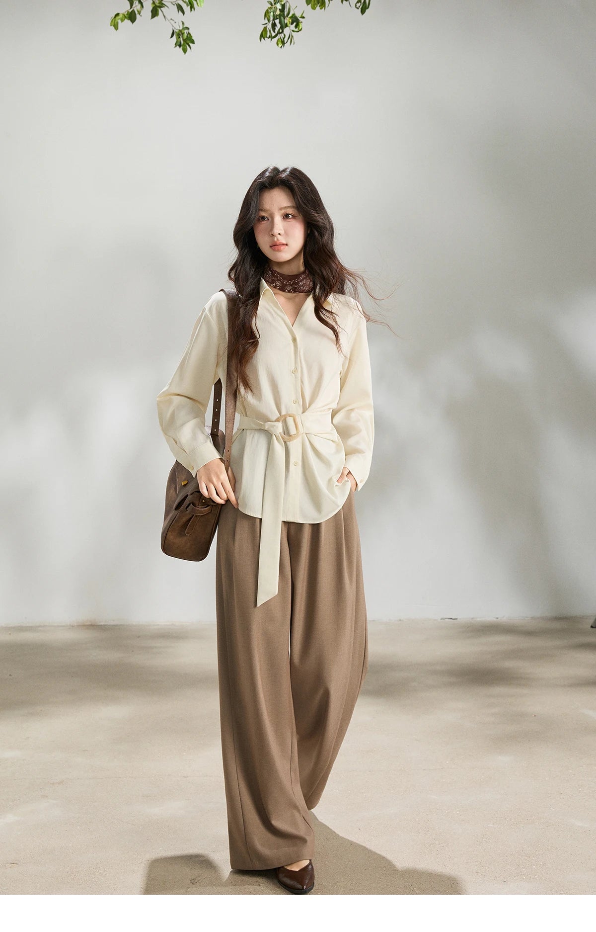 MISHOW Lapel Collar Shirt with Belted Waist Soft Beige MXF13C2452