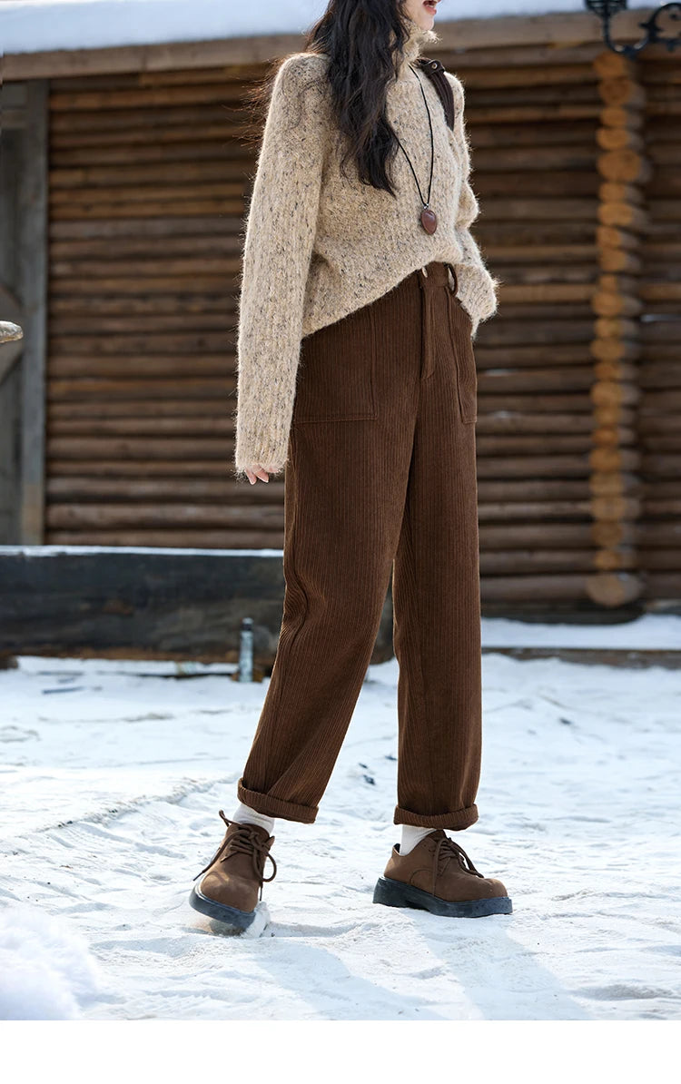 MISHOW Corduroy Pants High Waist Straight Pocket Velvet Inside MXD55K0813