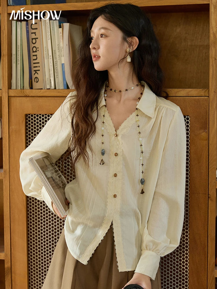 MISHOW French V-Neck Shirt Lace Panels Apricot Top MXE43X2474