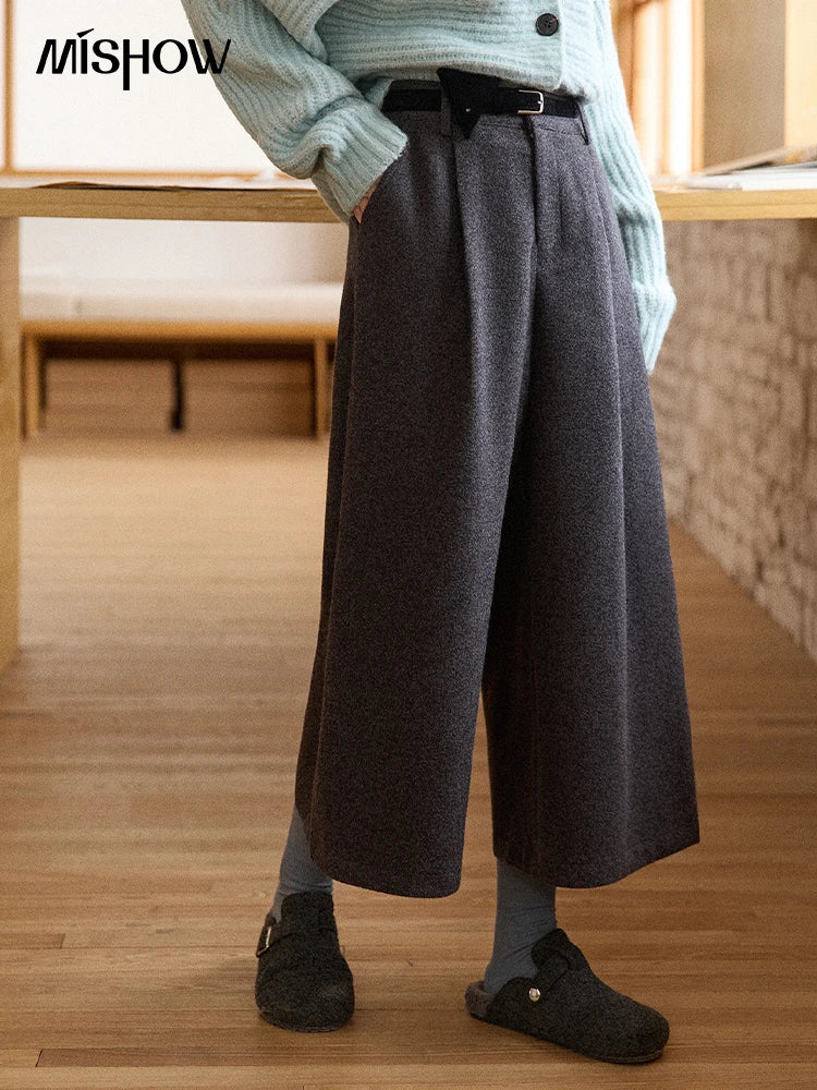MISHOW Gray Wool Wide-Leg Pants High-Waisted Cropped MXE90K1128