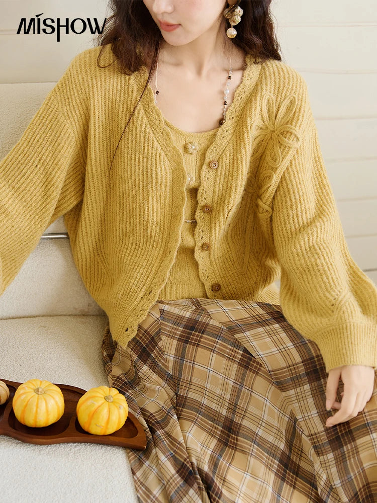 Mishow Yellow V-Neck Cardigan & Slim Camisole Set MXE45T0742