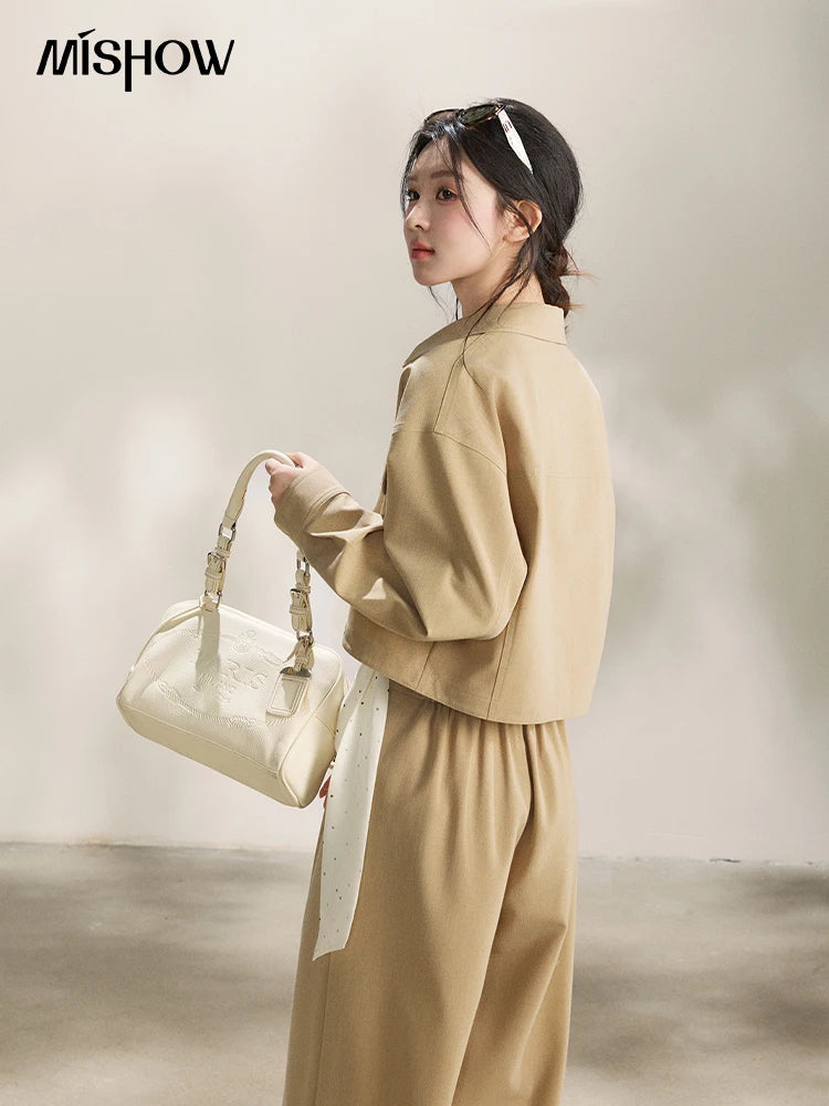 Mishow Khaki Cropped Jacket & Polka Dot Vest & Wide Leg Pants Three-Piece Set MXF13T1478