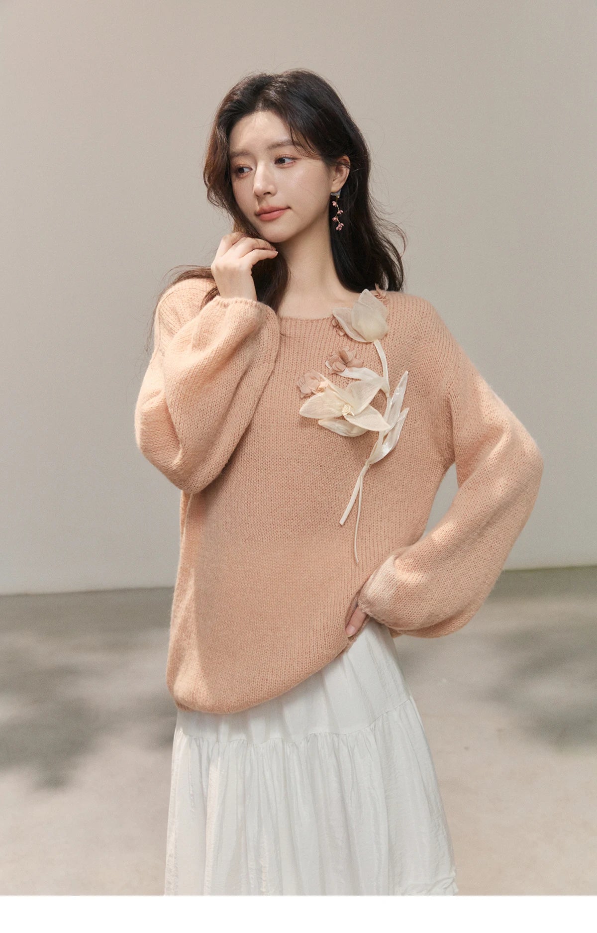 Mishow Pinkish Beige 3D Floral Applique Crew Neck Sweater MXE47Z2649