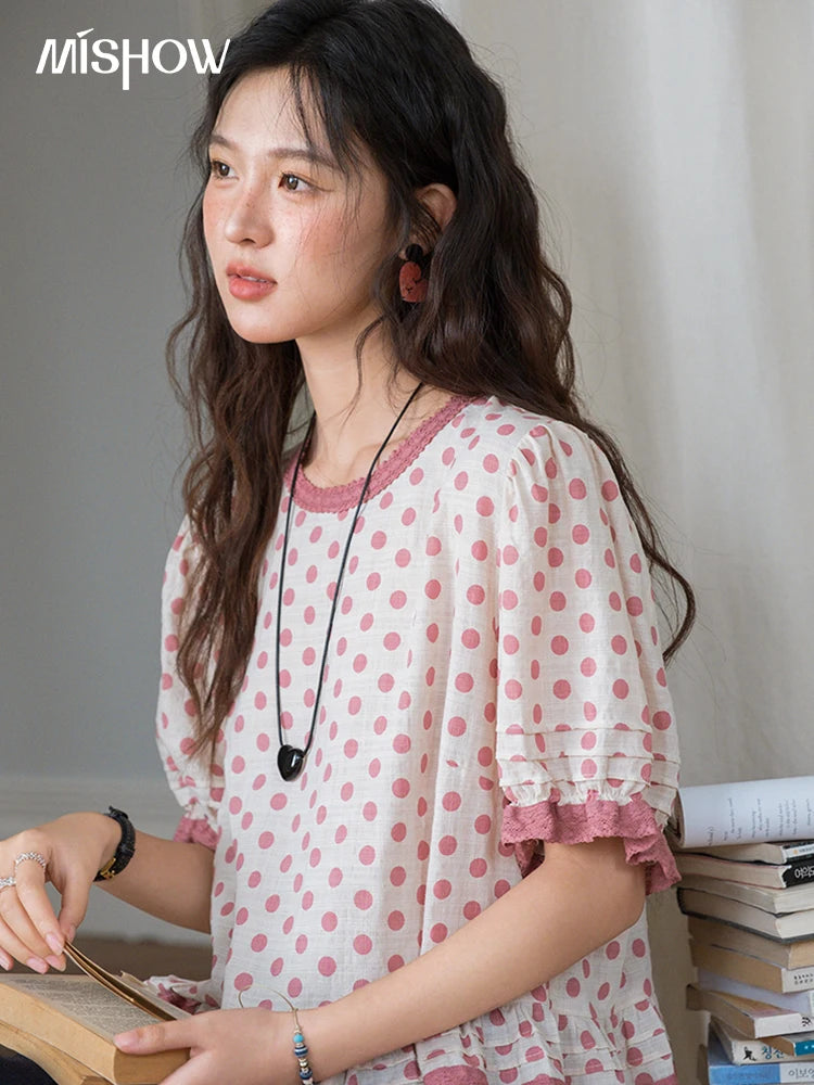 MISHOW Pink Polka Dot Puff Sleeve Blouse MXE37X1900