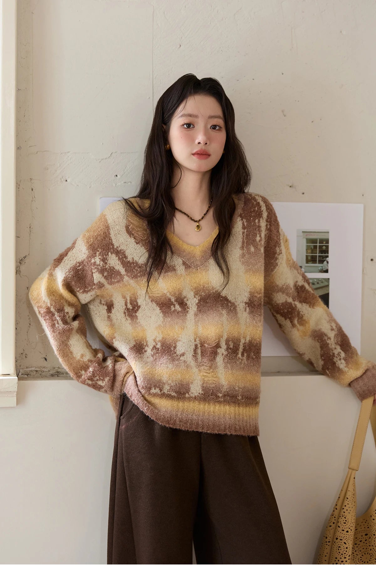 Mishow Yellow Coffee Gradient V-Neck Cable Knit Sweater MXE51Z2627