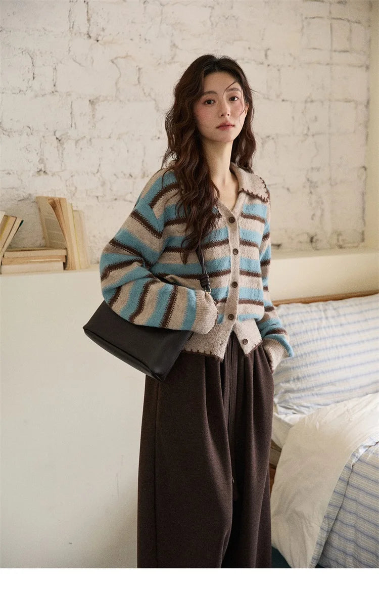 Mishow Retro Striped V-Neck Wool Cardigan MXE87Z2681