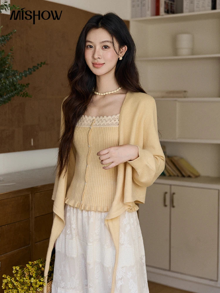 Mishow Yellow Ruffled Camisole & Lace Cardigan Set MXF11T1472