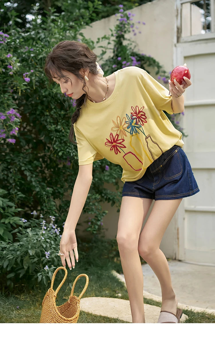 Mishow Embroidered Flower Pocket Wide Leg Denim Shorts MXD26K0707
