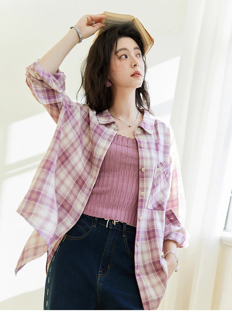 MISHOW Purple Plaid Cotton Shirt Polo Neck Pockets MXE14C0417