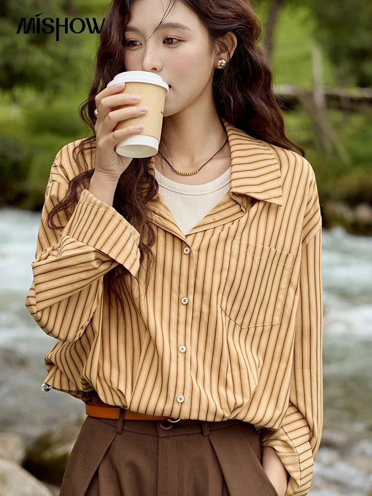 MISHOW Loose Lapel Stripe Fake Two Piece Shirt Asymmetric Pocket MXD43C0303