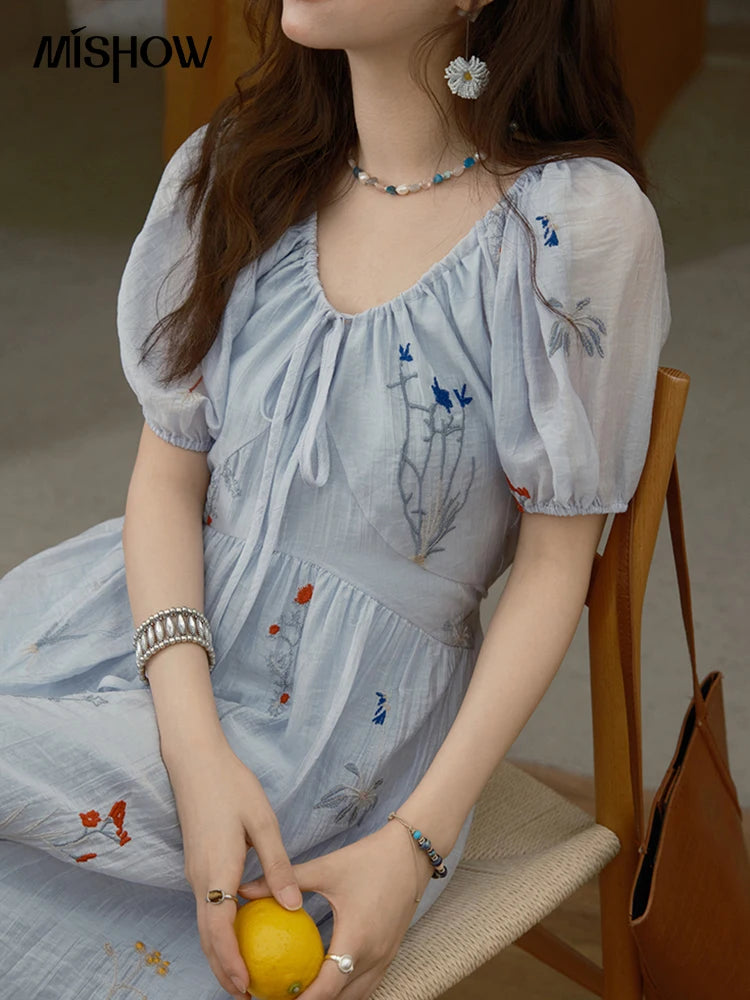 Mishow V-Neck Lace-Up Embroidery Vacation Dress MXE34L2284