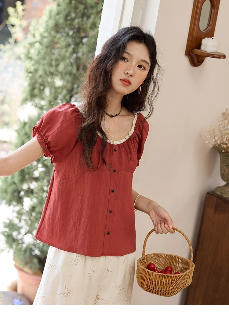MISHOW Short Puff Sleeve Blouse Lace Collar Slimming MXE35X1827
