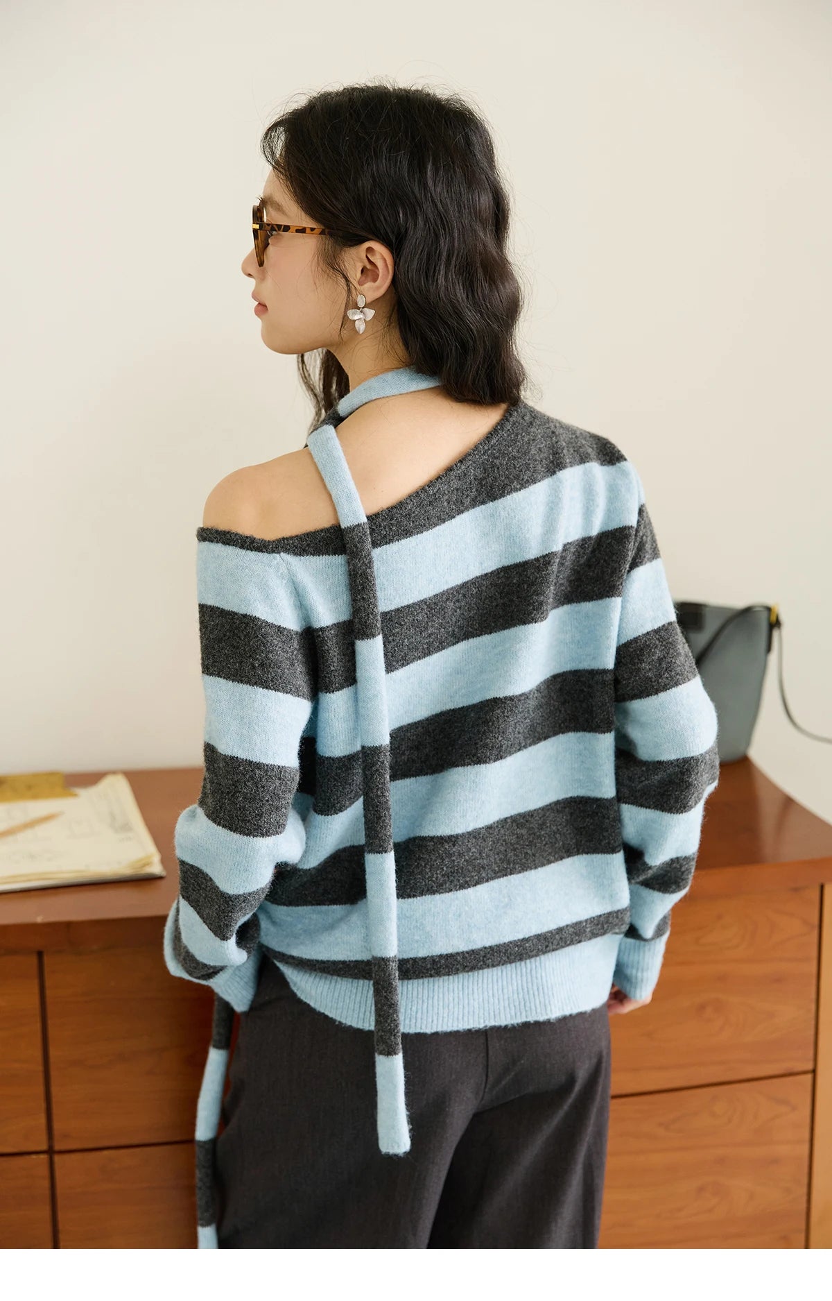 Mishow Blue Gray Slanted Shoulder Ribbon Sweater MXE46Z2540