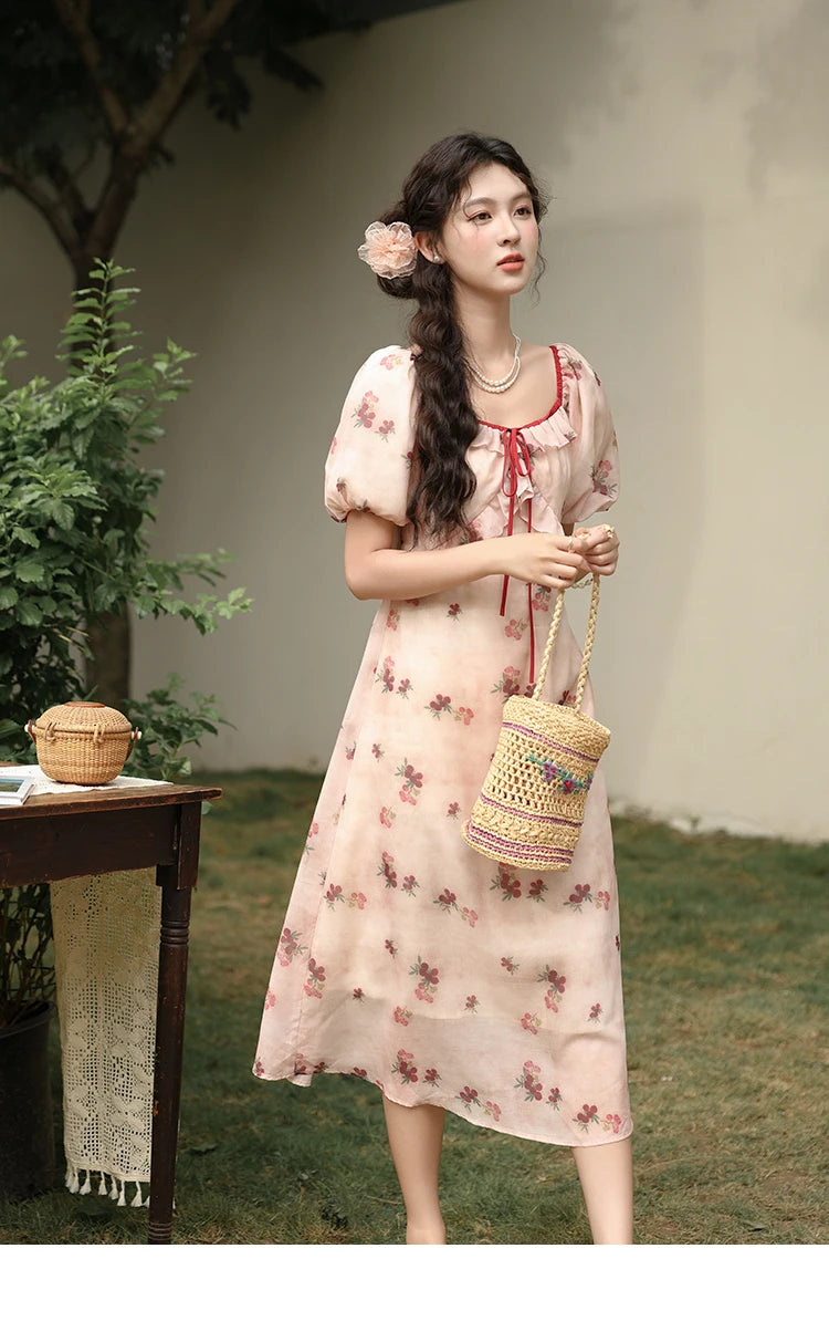 MISHOW Korean Floral Bubble Sleeve Lace-Up Dress MXD31L1924