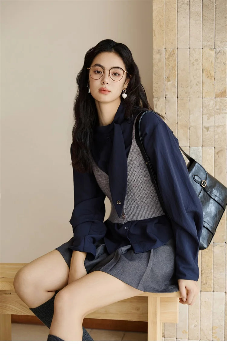 MISHOW Navy Ribbon Layered Shirt Knit Camisole Two-Piece Set MXE47T1412