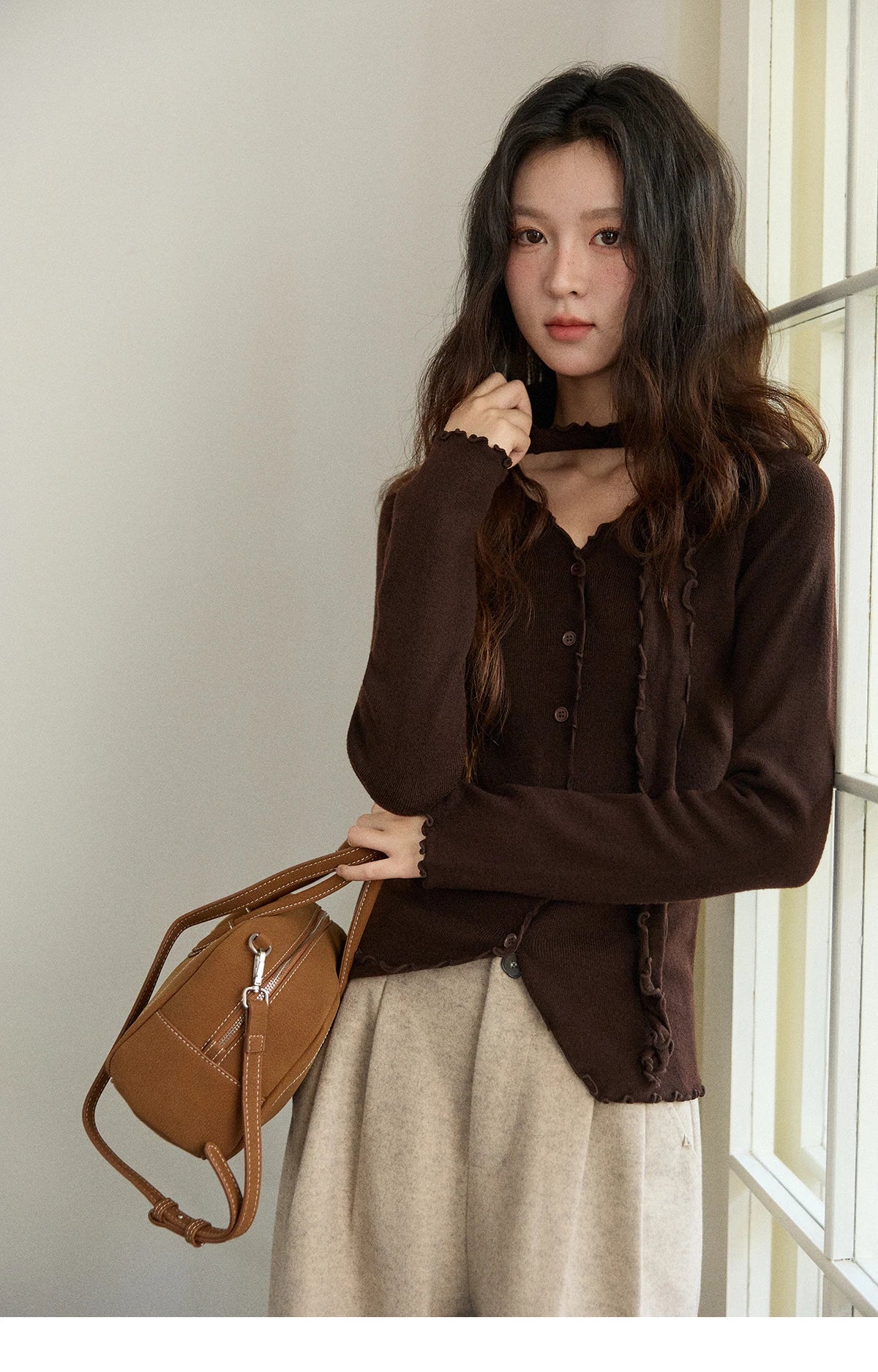 Mishow Ruffled Edge V-Neck Ribbon Knit Pullover MXE86Z2728
